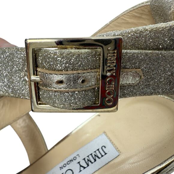 Jimmy Choo Chiara Sandal Size 39 /9 Cross Strap Open Metallic Gold Glitter Wedge - Picture 11 of 14